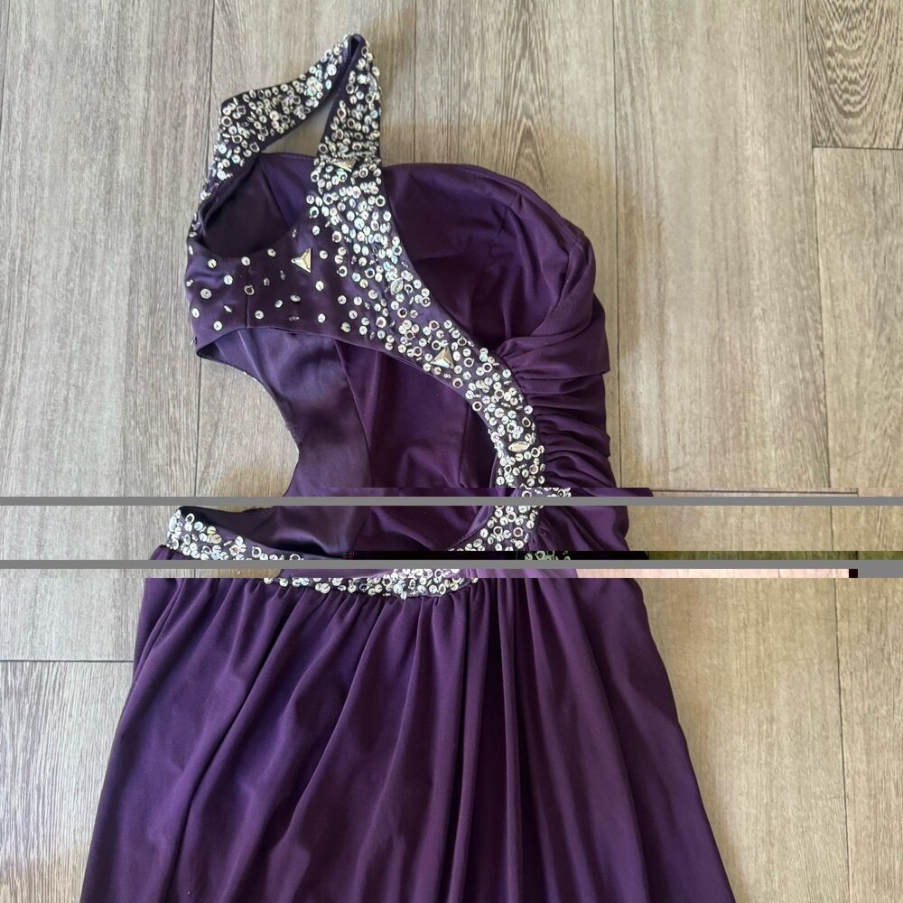 Nox Anabel Purple One Shoulder Prom Dress Gown Cutout Rhinestone Beaded XS Chic - Picture 13 of 14